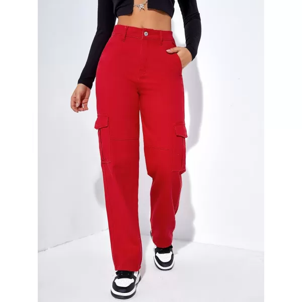 SweatyRocks Women's High Waist Cargo Jeans Flap Pocket Wide Leg Denim Pants