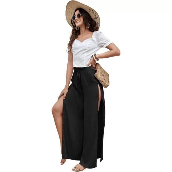 SweatyRocks Women's High Waist Drawstring Split Thigh Wide Leg Palazzo Pants