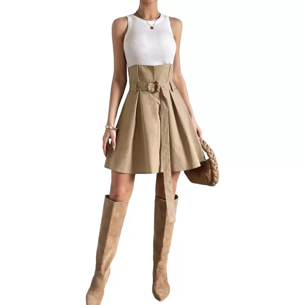 SweatyRocks Women's High Waist Fold Pleated A Line Flared Skirt with Belt