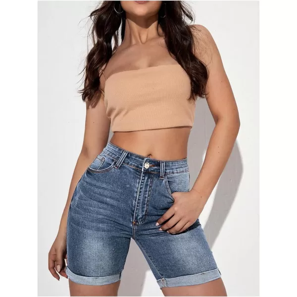 SweatyRocks Women's High Waist Roll Up Hem Denim Shorts Slim Fit Bermuda Jeans Shorts with Pockets