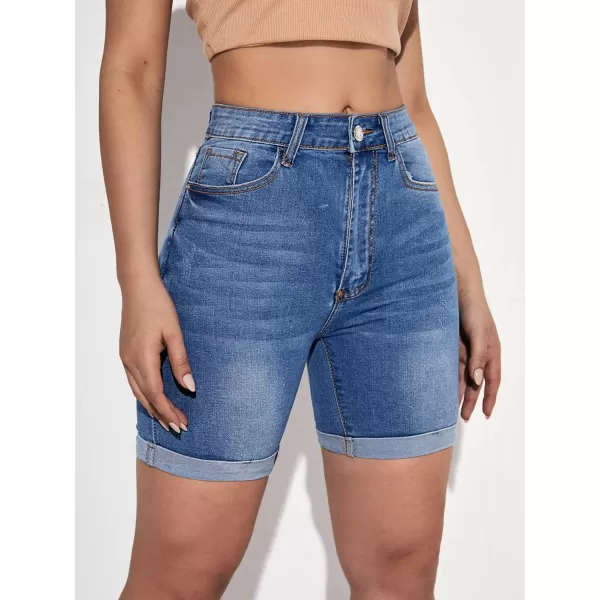 SweatyRocks Women's High Waist Roll Up Hem Denim Shorts Slim Fit Bermuda Jeans Shorts with Pockets