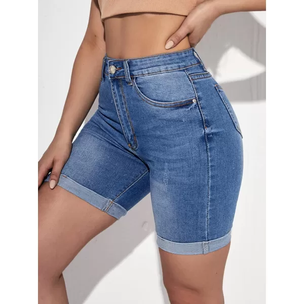 SweatyRocks Women's High Waist Roll Up Hem Denim Shorts Slim Fit Bermuda Jeans Shorts with Pockets