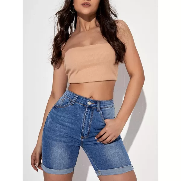 SweatyRocks Women's High Waist Roll Up Hem Denim Shorts Slim Fit Bermuda Jeans Shorts with Pockets