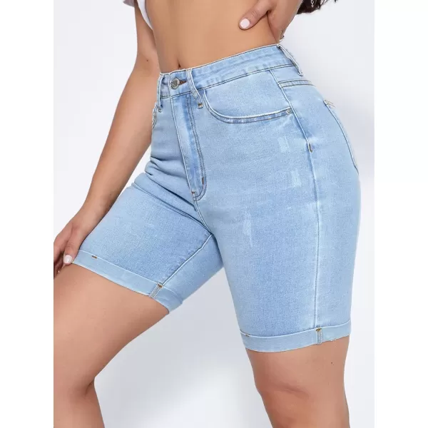 SweatyRocks Women's High Waist Roll Up Hem Denim Shorts Slim Fit Bermuda Jeans Shorts with Pockets