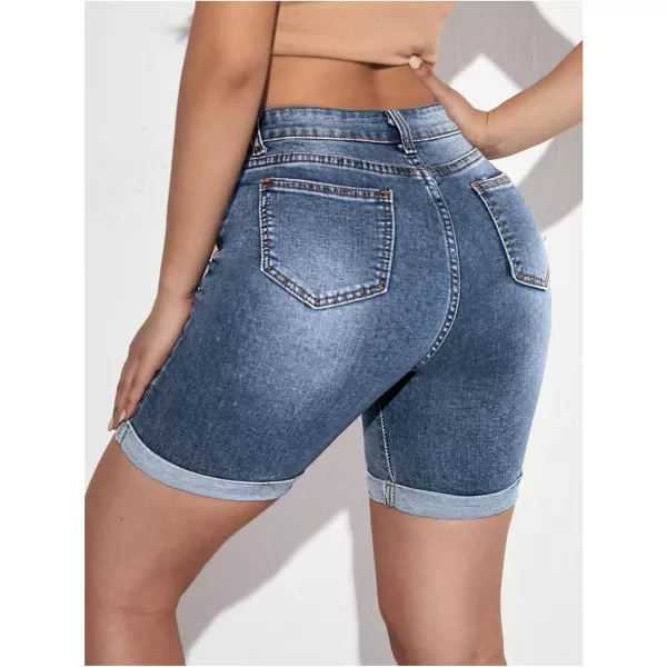 SweatyRocks Women's High Waist Roll Up Hem Denim Shorts Slim Fit Bermuda Jeans Shorts with Pockets