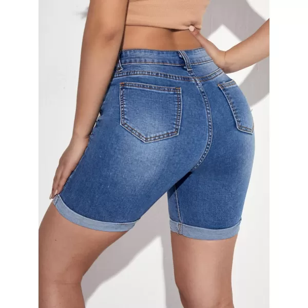 SweatyRocks Women's High Waist Roll Up Hem Denim Shorts Slim Fit Bermuda Jeans Shorts with Pockets