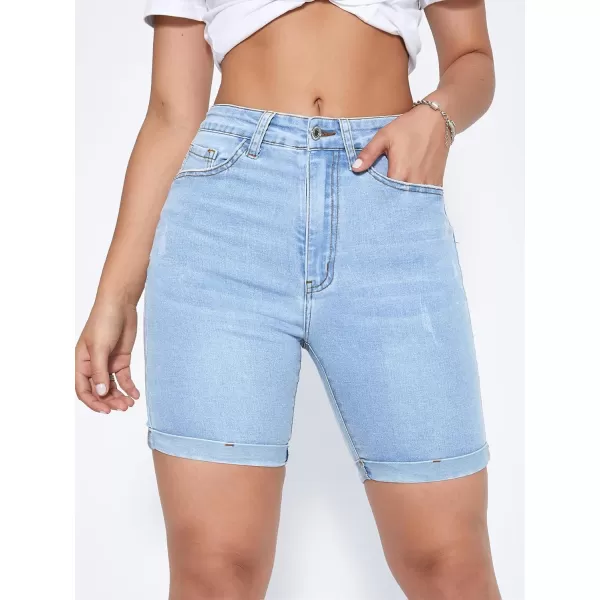 SweatyRocks Women's High Waist Roll Up Hem Denim Shorts Slim Fit Bermuda Jeans Shorts with Pockets