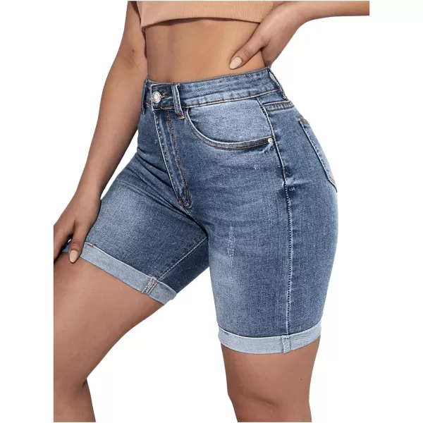 SweatyRocks Women's High Waist Roll Up Hem Denim Shorts Slim Fit Bermuda Jeans Shorts with Pockets