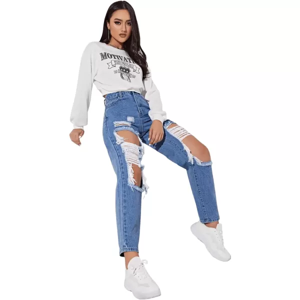 SweatyRocks Women's High Waist Slant Pocket Denim Jeans Ripped Straight Leg Pants