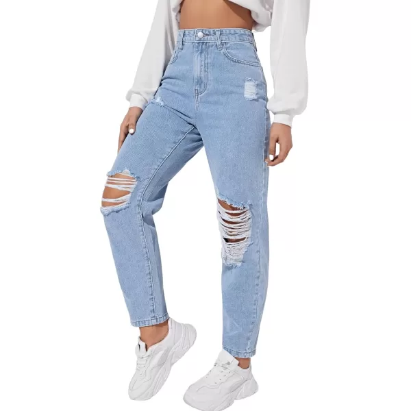 SweatyRocks Women's High Waist Slant Pocket Denim Jeans Ripped Straight Leg Pants