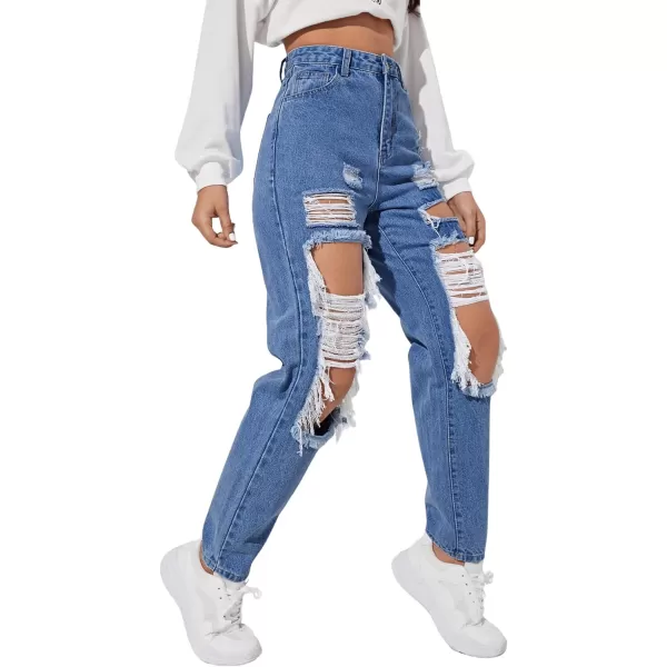 SweatyRocks Women's High Waist Slant Pocket Denim Jeans Ripped Straight Leg Pants