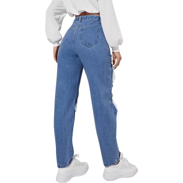 SweatyRocks Women's High Waist Slant Pocket Denim Jeans Ripped Straight Leg Pants
