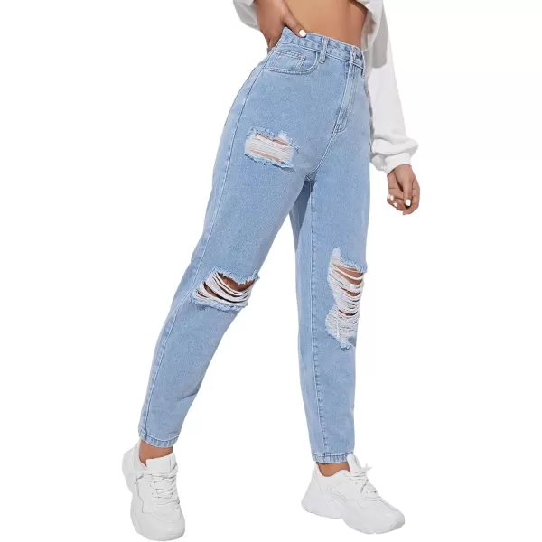 SweatyRocks Women's High Waist Slant Pocket Denim Jeans Ripped Straight Leg Pants