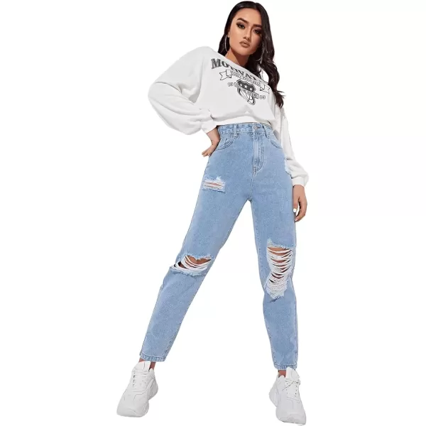 SweatyRocks Women's High Waist Slant Pocket Denim Jeans Ripped Straight Leg Pants