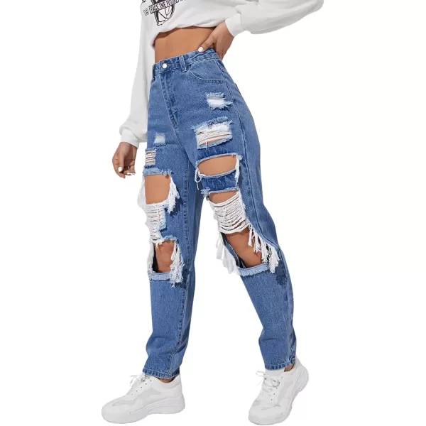 SweatyRocks Women's High Waist Slant Pocket Denim Jeans Ripped Straight Leg Pants