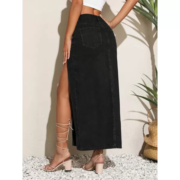 SweatyRocks Women's High Waist Split Thigh Maxi Denim Skirt Casual Zip Up Jean Skirts with Pockets