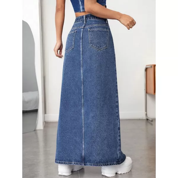 SweatyRocks Women's High Waist Split Thigh Maxi Denim Skirt Casual Zip Up Jean Skirts with Pockets