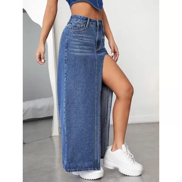 SweatyRocks Women's High Waist Split Thigh Maxi Denim Skirt Casual Zip Up Jean Skirts with Pockets