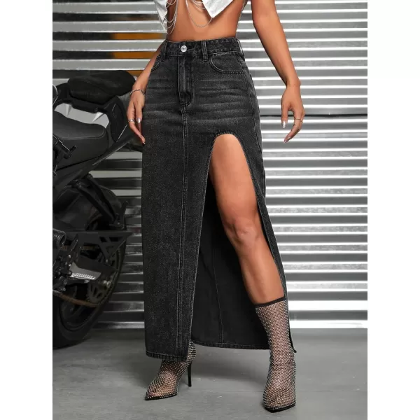 SweatyRocks Women's High Waist Split Thigh Maxi Denim Skirt Casual Zip Up Jean Skirts with Pockets