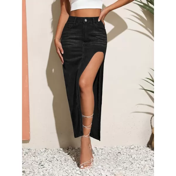 SweatyRocks Women's High Waist Split Thigh Maxi Denim Skirt Casual Zip Up Jean Skirts with Pockets