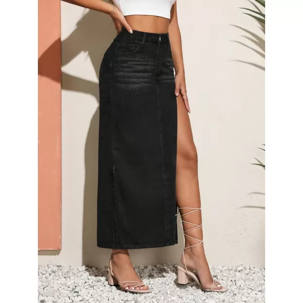 SweatyRocks Women's High Waist Split Thigh Maxi Denim Skirt Casual Zip Up Jean Skirts with Pockets