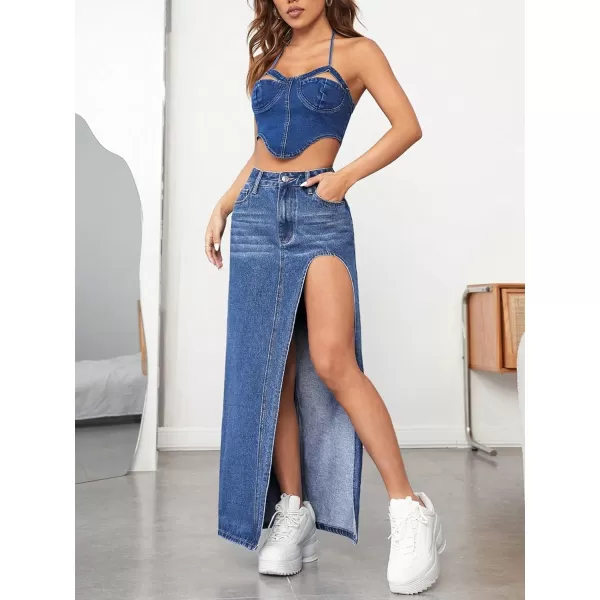 SweatyRocks Women's High Waist Split Thigh Maxi Denim Skirt Casual Zip Up Jean Skirts with Pockets