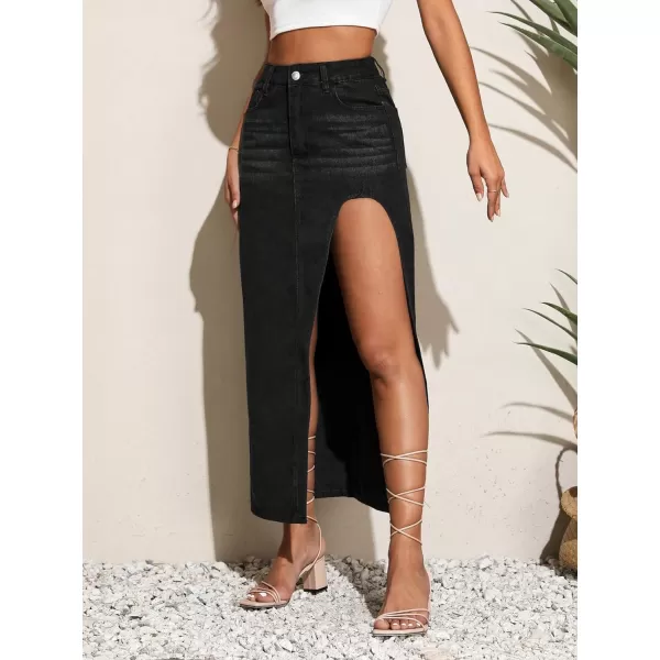 SweatyRocks Women's High Waist Split Thigh Maxi Denim Skirt Casual Zip Up Jean Skirts with Pockets