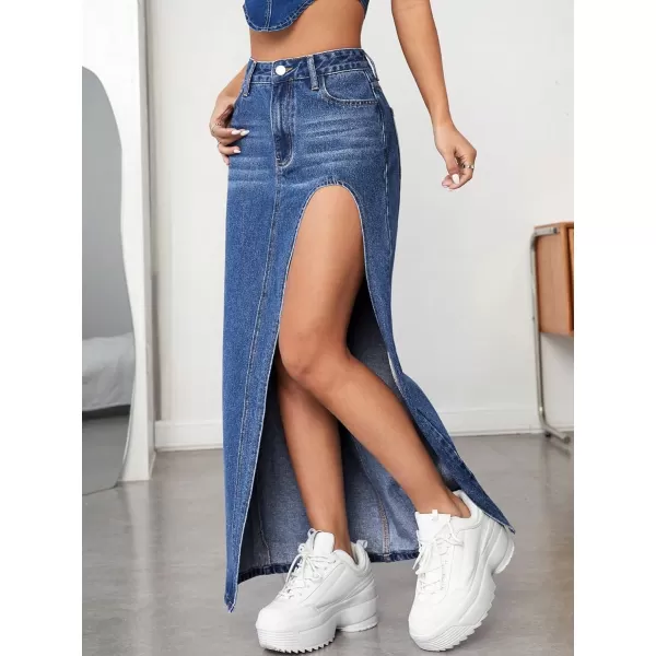 SweatyRocks Women's High Waist Split Thigh Maxi Denim Skirt Casual Zip Up Jean Skirts with Pockets