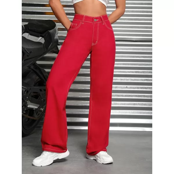 SweatyRocks Women's High Waist Zipper Solid Denim Pants Casual Straight Leg Jeans Pants Trousers