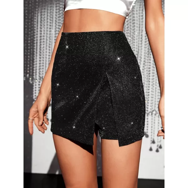 SweatyRocks Women's High Waisted Asymmetrical Wrap Hem Glitter Skorts Skirt with Shorts