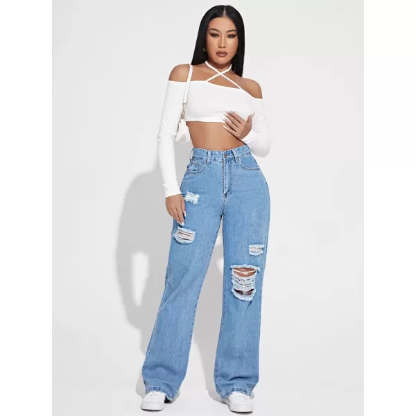 SweatyRocks Women's High Waisted Ripped Boyfriend Jeans Distressed Denim Pants with Pockets