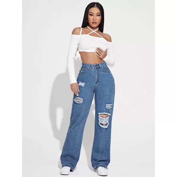 SweatyRocks Women's High Waisted Ripped Boyfriend Jeans Distressed Denim Pants with Pockets