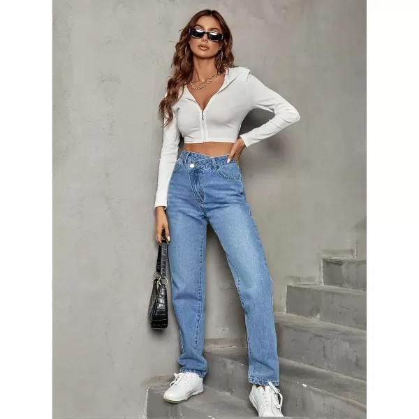 SweatyRocks Women's High Waisted Straight Leg Long Jeans Asymmetrical Waist Denim Pants