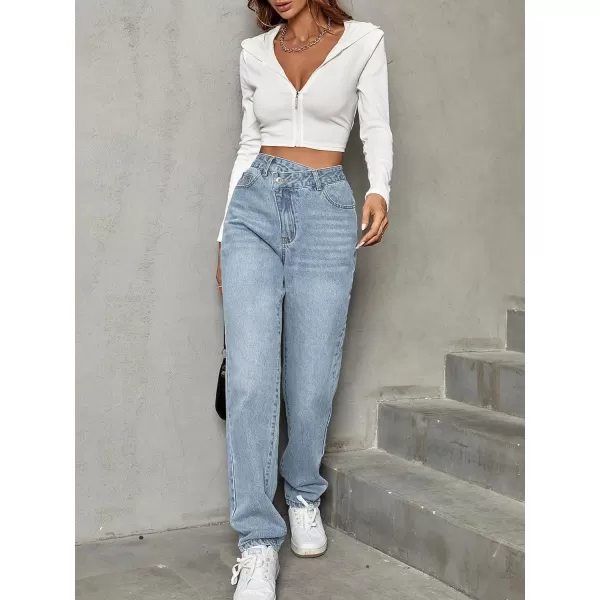 SweatyRocks Women's High Waisted Straight Leg Long Jeans Asymmetrical Waist Denim Pants