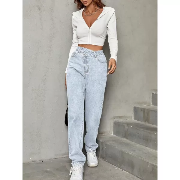 SweatyRocks Women's High Waisted Straight Leg Long Jeans Asymmetrical Waist Denim Pants