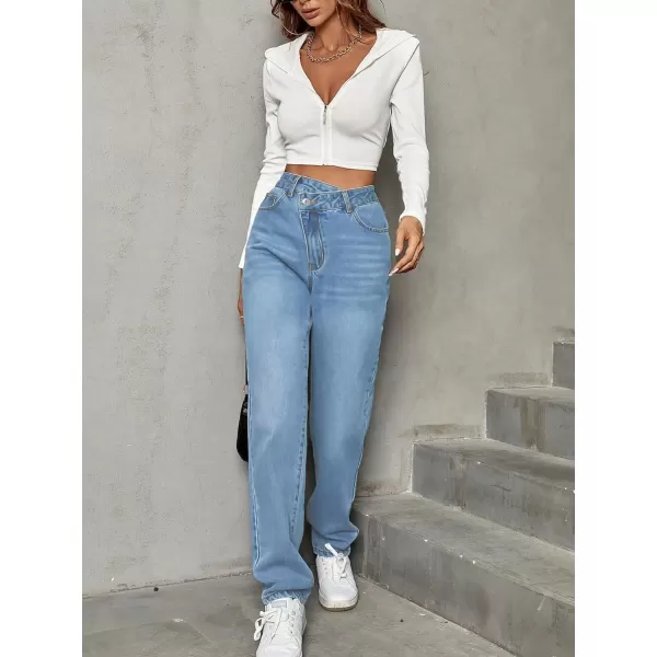 SweatyRocks Women's High Waisted Straight Leg Long Jeans Asymmetrical Waist Denim Pants