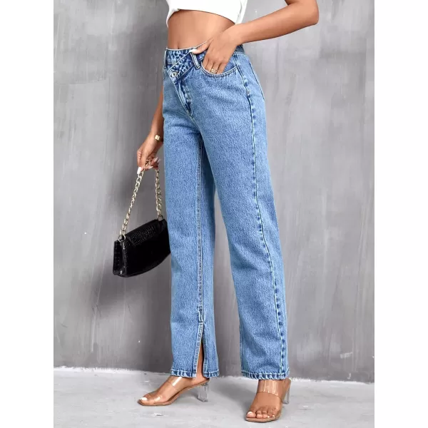 SweatyRocks Women's High Waisted Straight Leg Long Jeans Asymmetrical Waist Denim Pants