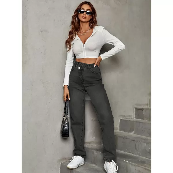 SweatyRocks Women's High Waisted Straight Leg Long Jeans Asymmetrical Waist Denim Pants