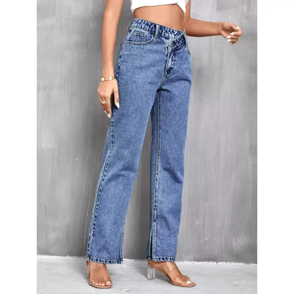 SweatyRocks Women's High Waisted Straight Leg Long Jeans Asymmetrical Waist Denim Pants