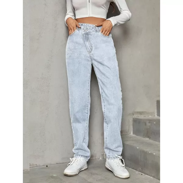 SweatyRocks Women's High Waisted Straight Leg Long Jeans Asymmetrical Waist Denim Pants