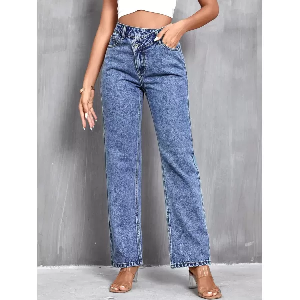SweatyRocks Women's High Waisted Straight Leg Long Jeans Asymmetrical Waist Denim Pants