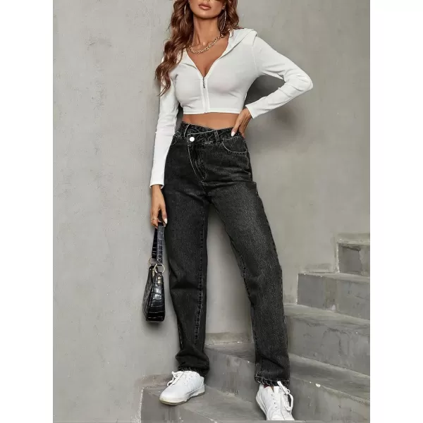 SweatyRocks Women's High Waisted Straight Leg Long Jeans Asymmetrical Waist Denim Pants
