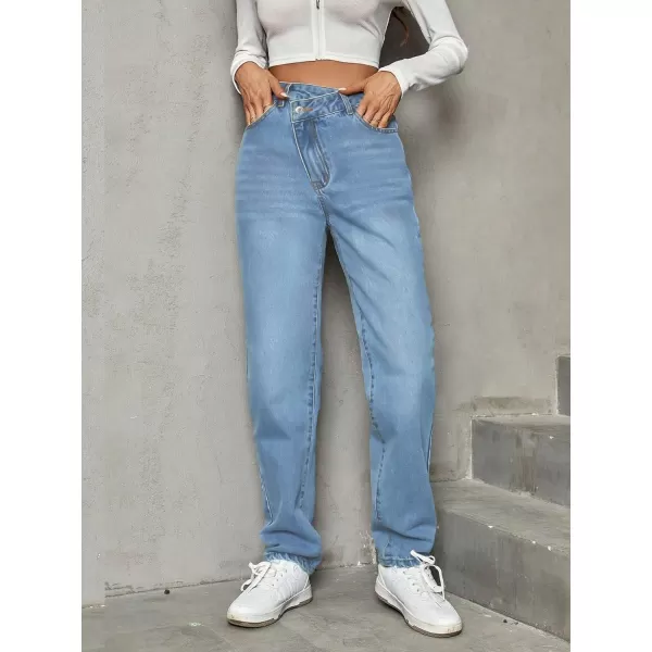 SweatyRocks Women's High Waisted Straight Leg Long Jeans Asymmetrical Waist Denim Pants