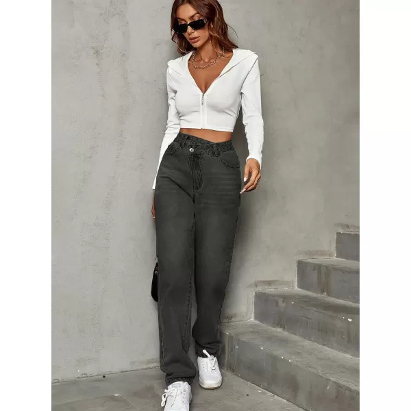 SweatyRocks Women's High Waisted Straight Leg Long Jeans Asymmetrical Waist Denim Pants