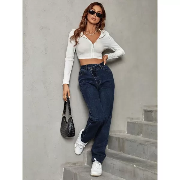 SweatyRocks Women's High Waisted Straight Leg Long Jeans Asymmetrical Waist Denim Pants