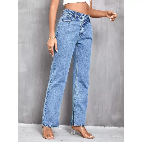 SweatyRocks Women's High Waisted Straight Leg Long Jeans Asymmetrical Waist Denim Pants