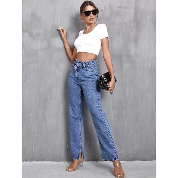 SweatyRocks Women's High Waisted Straight Leg Long Jeans Asymmetrical Waist Denim Pants