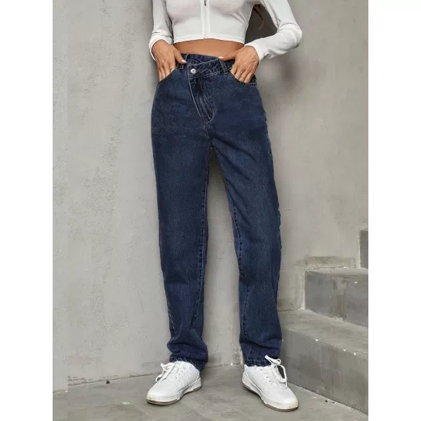 SweatyRocks Women's High Waisted Straight Leg Long Jeans Asymmetrical Waist Denim Pants