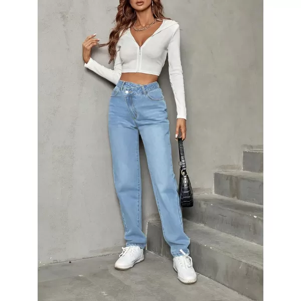 SweatyRocks Women's High Waisted Straight Leg Long Jeans Asymmetrical Waist Denim Pants