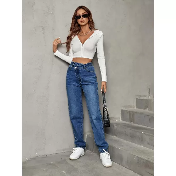 SweatyRocks Women's High Waisted Straight Leg Long Jeans Asymmetrical Waist Denim Pants